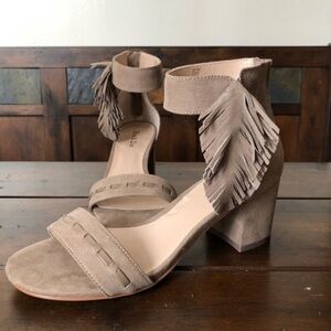 Eva and Zoe Tan Nude Feather Suede Heels Sandals